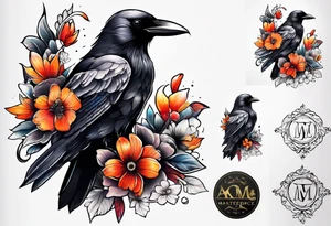 crow and flowers half sleeve tattoo idea