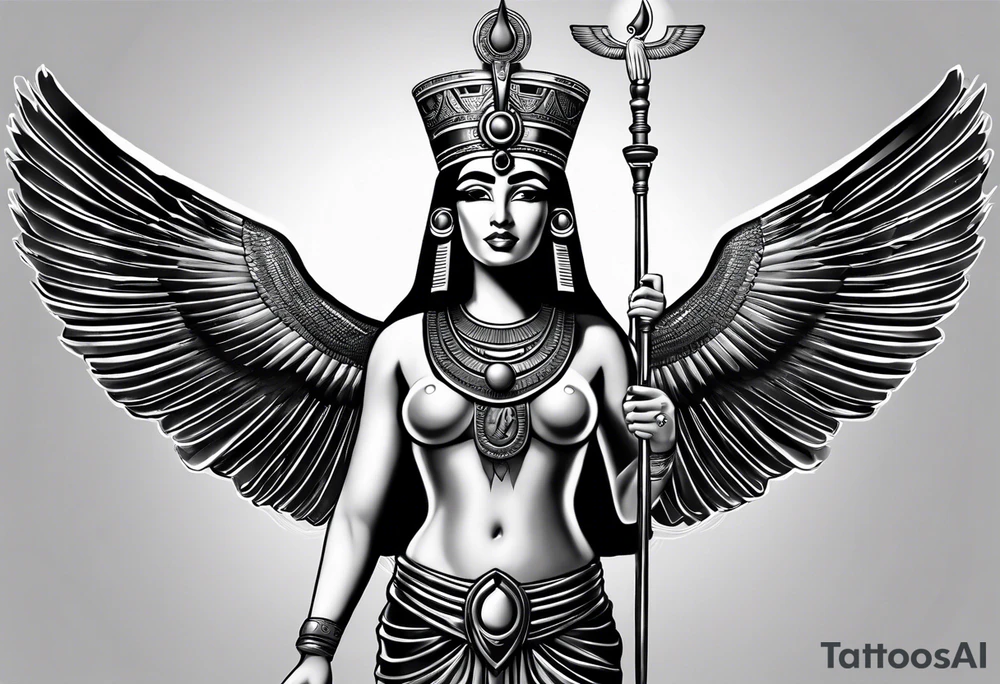 black and gray photo realistic goddess isis with minimum detail tattoo idea