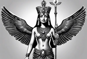 black and gray photo realistic goddess isis with minimum detail tattoo idea