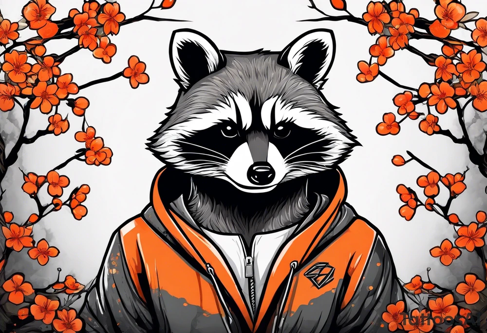 Raccoon wearing a white Superman logo on a black hoodie and orange Japanese cherry blossoms beside tattoo idea