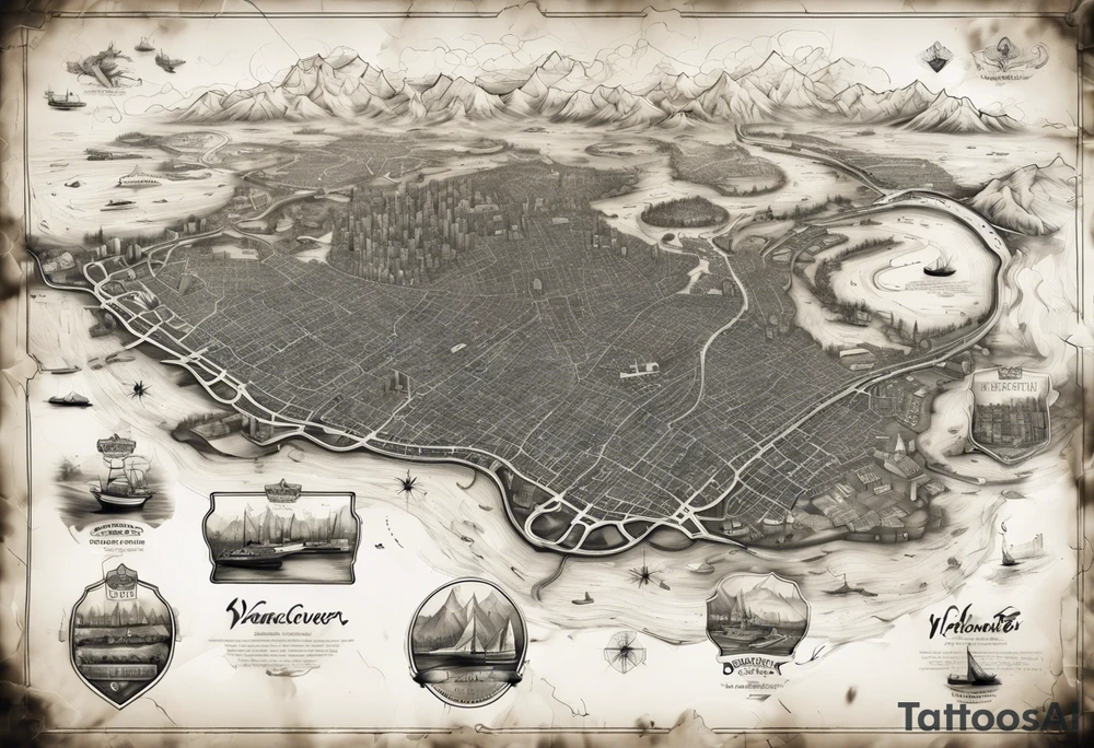 A overview old school map of vancouver B.C with water drop staining and major roadways highlighted with honeycomb tattoo idea