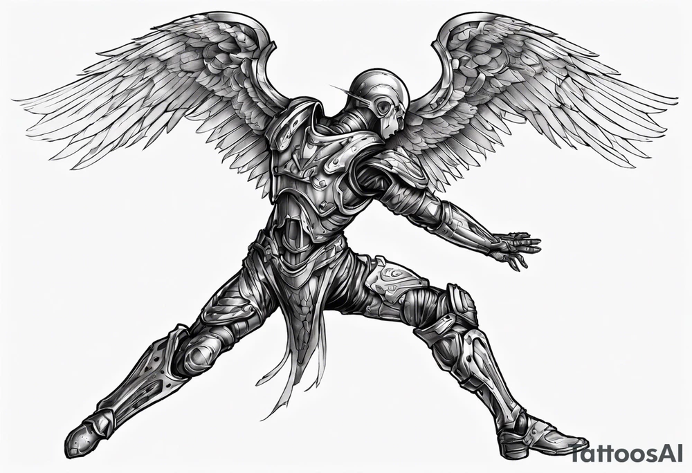 Side view of an angel wearing inorganic armor that is in mid-air in attack position. tattoo idea