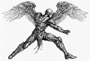 Side view of an angel wearing inorganic armor that is in mid-air in attack position. tattoo idea