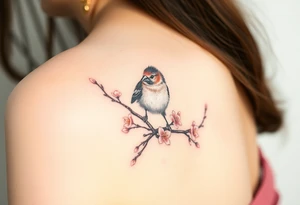 Standing on a plum blossom branch, there is a small sparrow in an ink painting with freehand brushwork and blank space tattoo idea