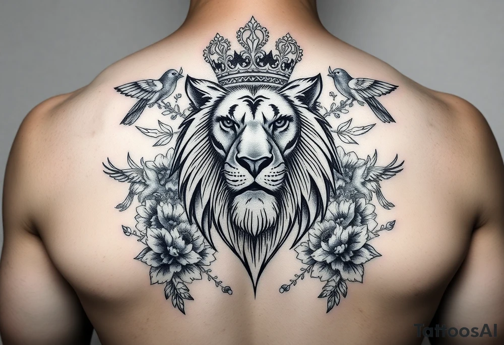 powerful majestic lion with a crown, surrounded by floral ornaments and birds tattoo idea