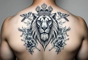 powerful majestic lion with a crown, surrounded by floral ornaments and birds tattoo idea