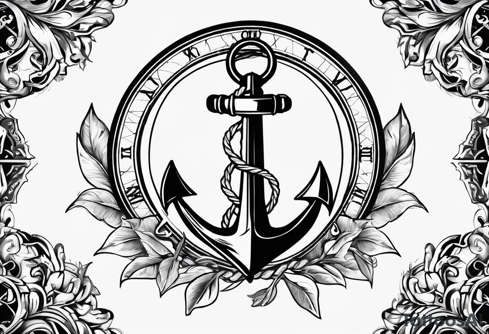 A selucid style anchor in front of a compass with north south east west marked on it and a narrow laurel wreathe wrapped around the compass tattoo idea