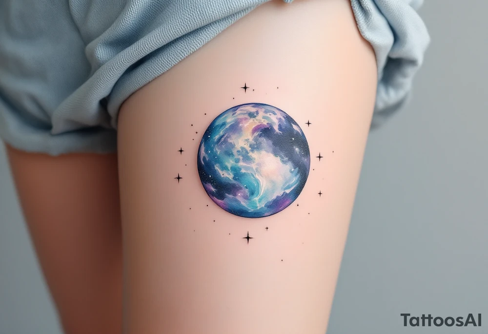 A galaxy-inspired Earth in swirling blues and violets floats in space with tiny white starbursts. tattoo idea