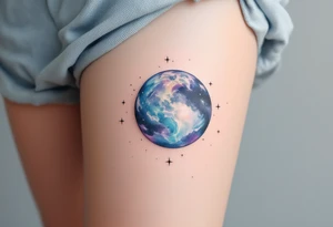 A galaxy-inspired Earth in swirling blues and violets floats in space with tiny white starbursts. tattoo idea