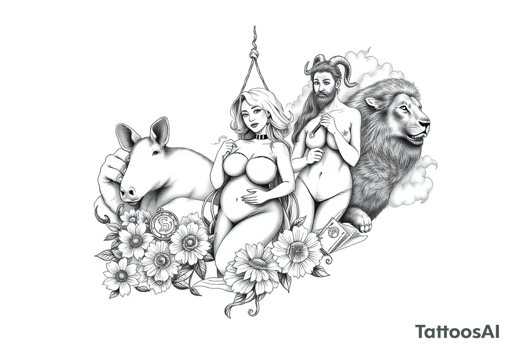 Storm clouds, pig, peacock , fat sexy naked fat woman, cupcakes, noose , money, goat, lion, man and girl having sex, cigerette, drugs, coins, storm lightening, killing, darkness, mirror, razor , knife, surrounded by clouds tattoo idea