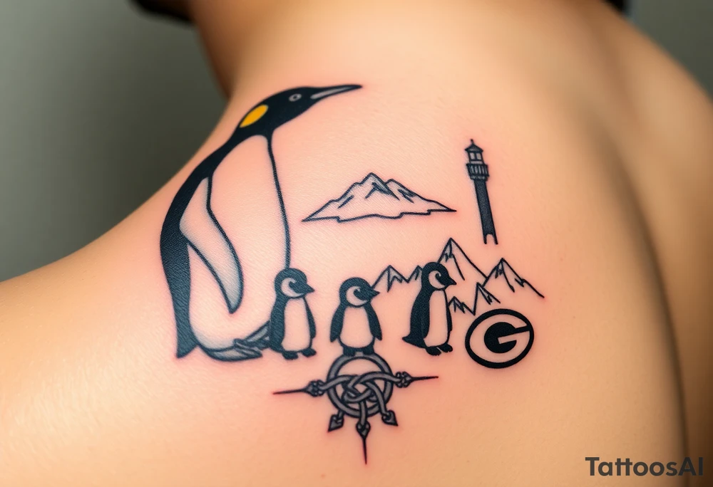 compilation outlining important things in my life such as one adult emperor penguin and 3 baby penguins, celtic trinity knot, lighthouse, mountains/nature, the green bay packers, and something to represent my 3 boys tattoo idea
