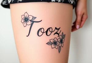 Tooz in cursive surrounded by hibiscus flowers tattoo idea