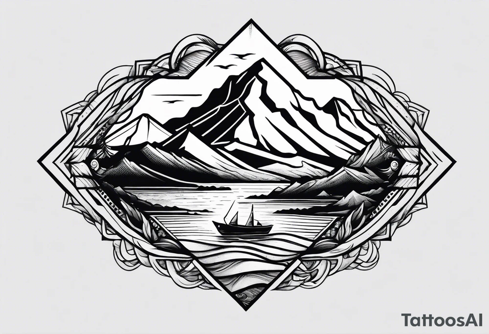Mountains and ocean waves diamond shape tattoo idea
