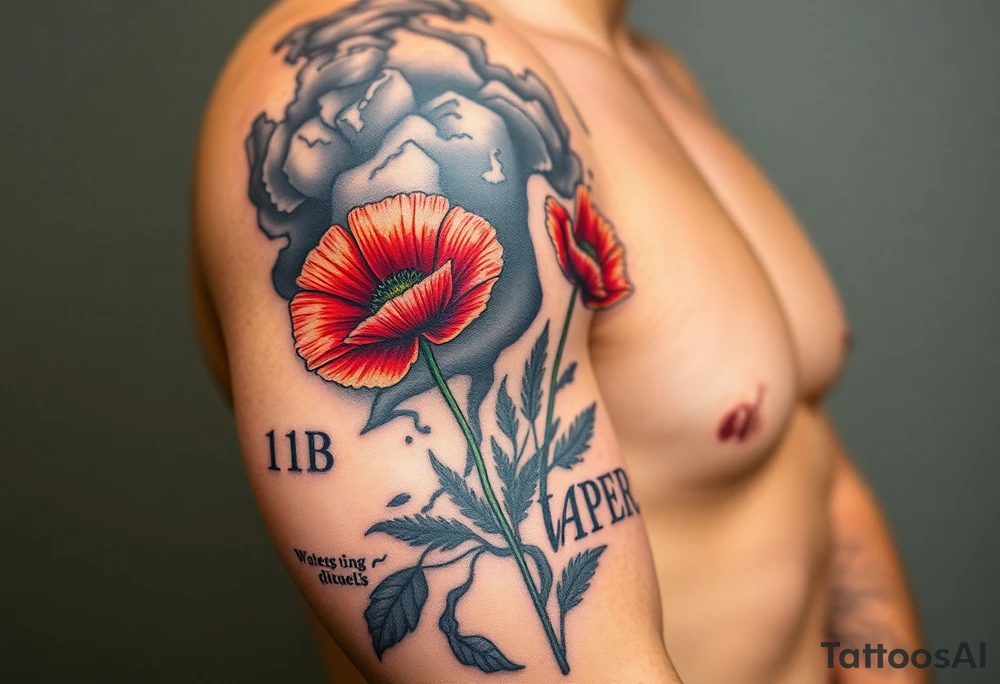 War zone with 2 poppy’s growing out of the smoke with 11B in the background and layer this on top of a map tattoo idea