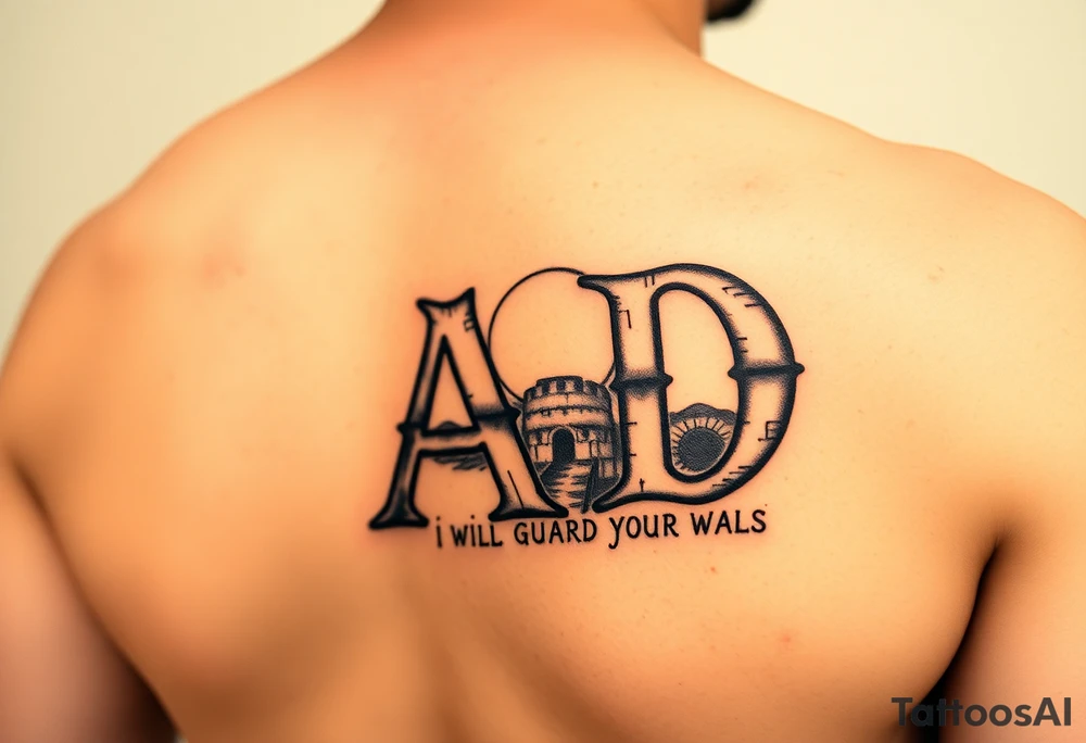 A sleeve tattoo on the right arm with the letters A and D in large letters combined and inside them the inscription "I will guard your walls until dawn" against a wall at sunrise tattoo idea