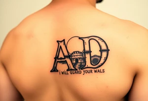 A sleeve tattoo on the right arm with the letters A and D in large letters combined and inside them the inscription "I will guard your walls until dawn" against a wall at sunrise tattoo idea