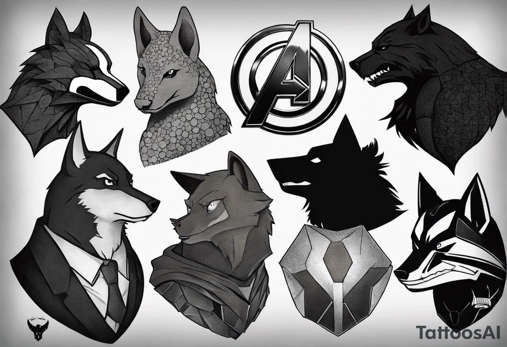 I want to change Avengers Team characters with animals. Hulk will be represented by a Badger.
Thor will be depicted as an Alpha Grey Wolf.
Captain America will be symbolized by a Bull.
Iron Man's character will be embodied by a Canary.
Black Widow's role will be portrayed by an Axolotl.
Hawkeye will be depicted as a Sudan Plated Lizard.
Nick Fury will be represented by a Cat. tattoo idea