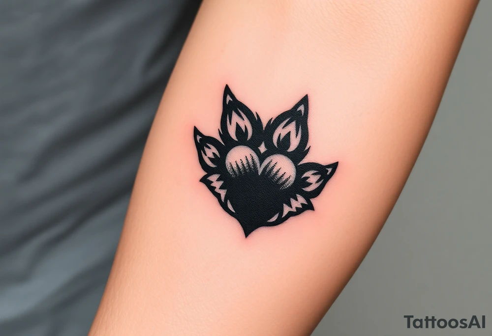 A black-and-gray shaded wolf paw forming, with sharp fur heart details and intense shading for a bold tattoo idea