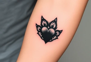 A black-and-gray shaded wolf paw forming, with sharp fur heart details and intense shading for a bold tattoo idea