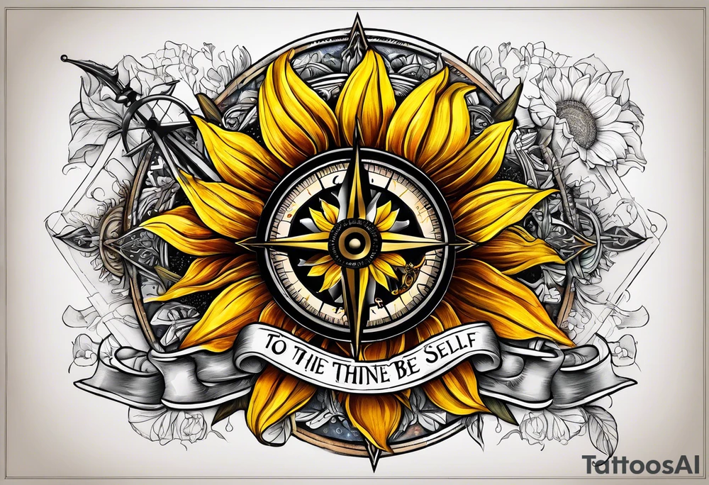 Sunflower and a compass, with the words "To Thine Own Self Be True" tattoo idea
