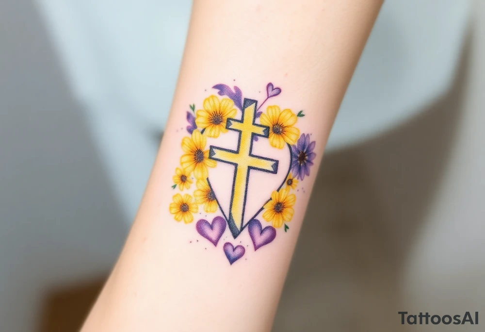 Yellow daisy Purple Hearts around a cross tattoo idea