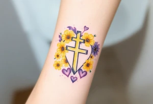 Yellow daisy Purple Hearts around a cross tattoo idea