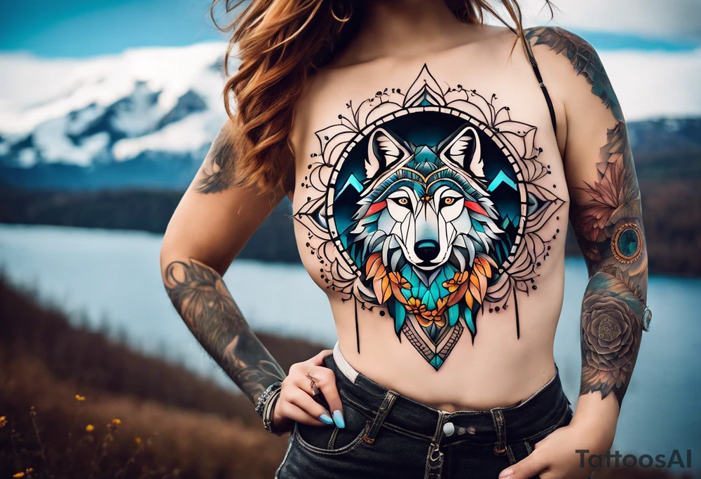 A whimsical wolf tattoo featuring mandala or dream catcher elements, with the wolf as the central focus, surrounded by mountains in the background. Include flowers and nature elements to fill the space around the wolf. tattoo idea