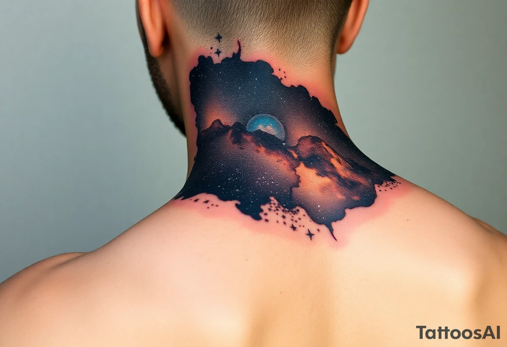 Beautiful and epic 3d milky way that appears to be what is beneath the skin. Make it drape over the shoulder and move to the middle back. use negative spaces to create stars and dust. Incorporate God breathing life into the universe. Keep it symmetrical tattoo idea