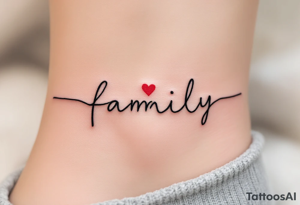 A heartbeat line forming the word family in black, with a small red heart at the center. tattoo idea