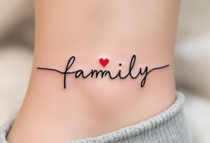 A heartbeat line forming the word family in black, with a small red heart at the center. tattoo idea