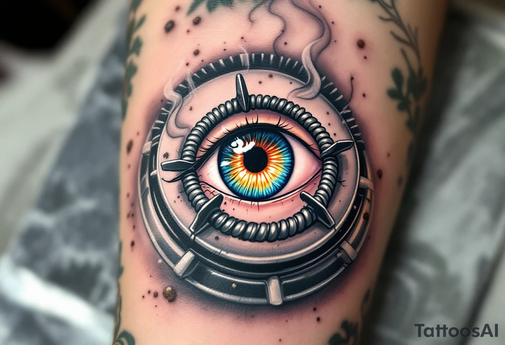 A kitchen knife tattoo features a realistic human eye nestled within the circular burner of a vintage stovetop, with metallic gray coils spiraling outward and the iris glowing a fiery orange-red as if lit from within, framed by subtle steam and tiny food splatters in soft pastel greens and browns for a surreal culinary twist. tattoo idea