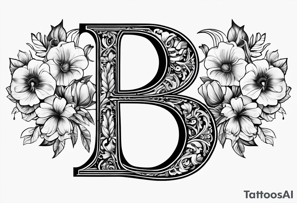 Capital B letter with Alec, Hannah and Raelynn hidden inside the letter b tattoo idea