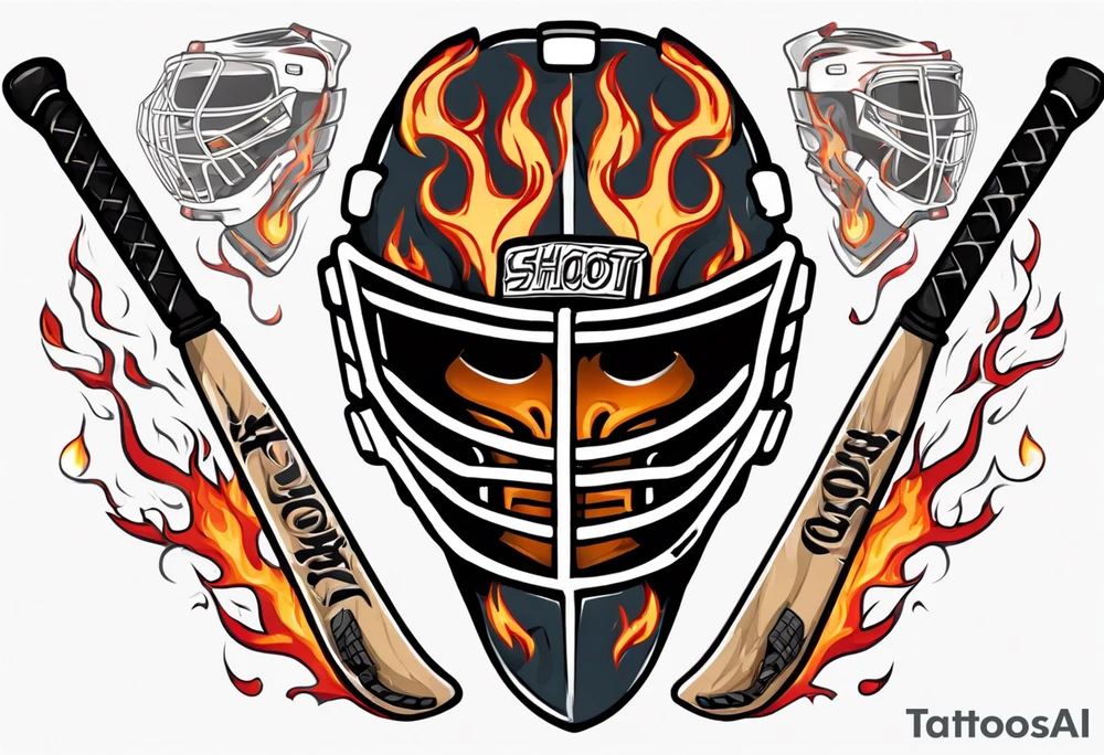 a goalie mask with crossed hockey sticks and flames that says "SHOT HOCKEY" tattoo idea