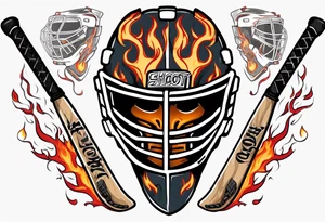 a goalie mask with crossed hockey sticks and flames that says "SHOT HOCKEY" tattoo idea