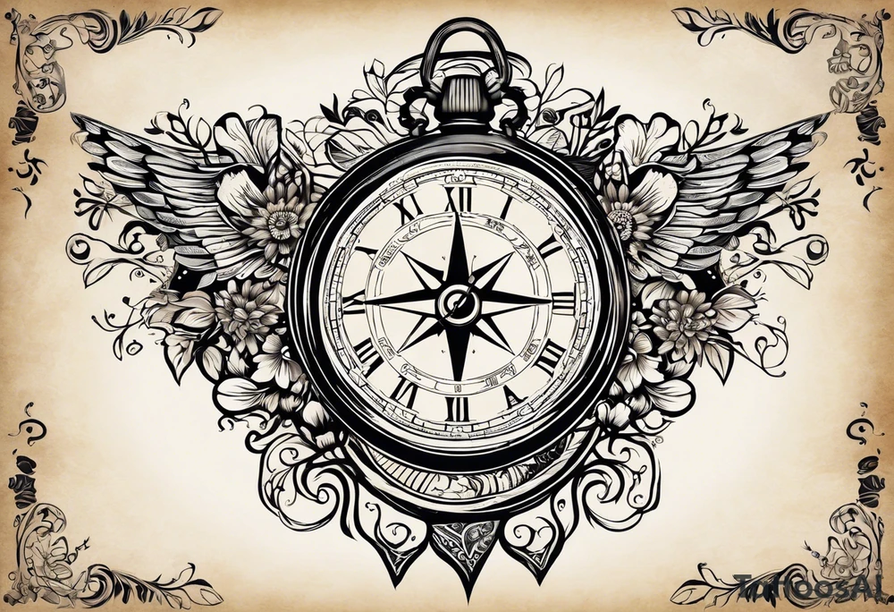 Craft a tattoo design that seamlessly integrating the tree of life, a doctor bird, lignum vitae flowers, a nautical compass, and an old-school pocket watch. The design should flow from the arm to the chest, emphasizing equal importance for each element. Utilize traditional the petals to tribal lines to separate and combine patterns and symbolism to convey meaningful representation of these elements within the design, executed in a black and grey color scheme tattoo idea