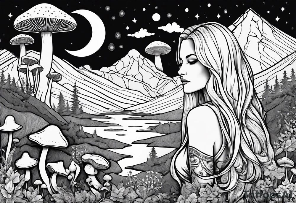 Blonde long straight hair older woman surrounded by mushrooms facing mountains crescent moon background tattoo idea