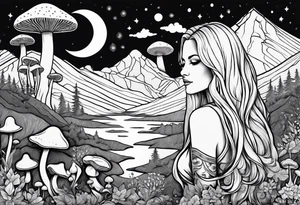 Blonde long straight hair older woman surrounded by mushrooms facing mountains crescent moon background tattoo idea