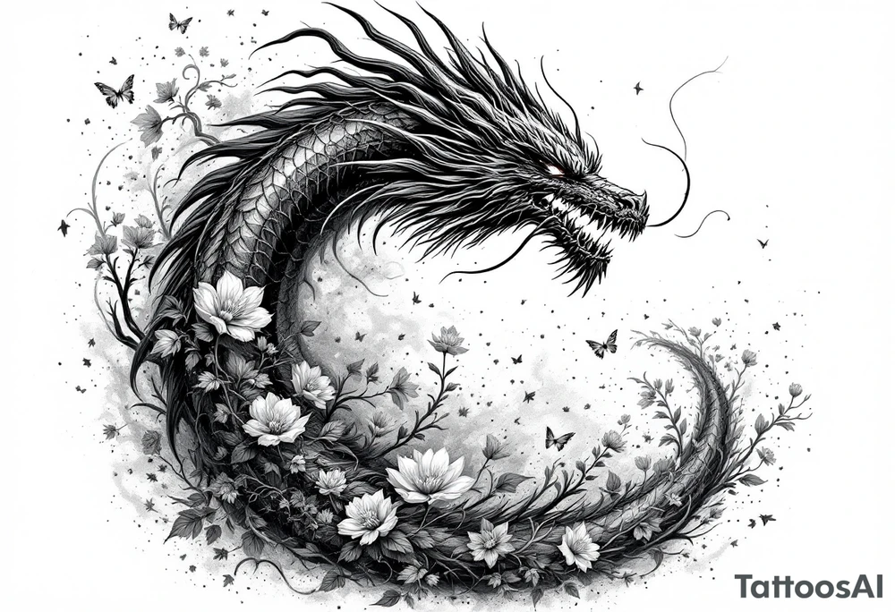 legendary dragon scene with energy aura flowers power effects tattoo idea