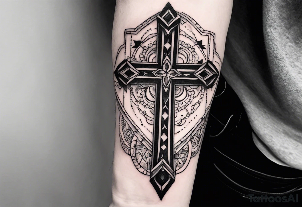 a forearm tattoo with cross and rosary around it tattoo idea