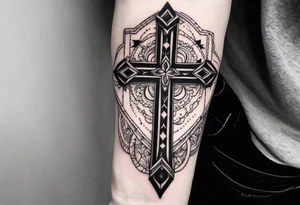 a forearm tattoo with cross and rosary around it tattoo idea