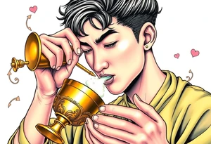 Handsome Asian young guy is drinking from medieval golden cup tattoo idea