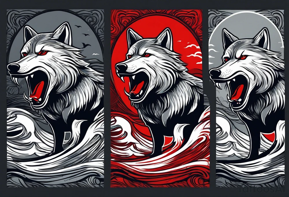 a pack of 3 howling muscular  gray wolves surfing waves with a linear background with red, white and black and gray including the word Howler in an aggressive script font tattoo idea