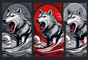 a pack of 3 howling muscular  gray wolves surfing waves with a linear background with red, white and black and gray including the word Howler in an aggressive script font tattoo idea