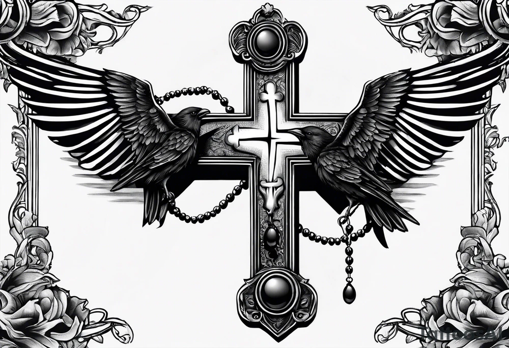 A cross wrapped in a rosary with a pocket watch and ravens flying in the background upper arm tattoo tattoo idea
