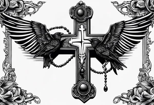 A cross wrapped in a rosary with a pocket watch and ravens flying in the background upper arm tattoo tattoo idea