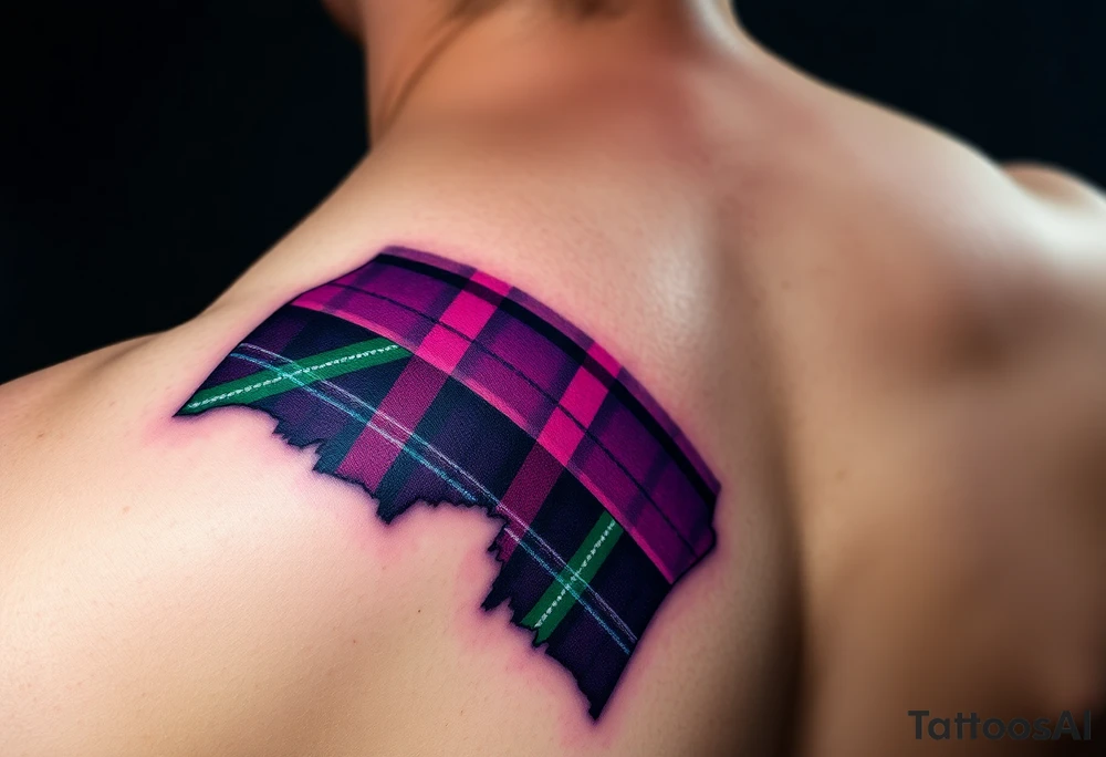 Dark Purple with green pink blue and white highlights tartan fabric on arm with skin ripping away at edges tattoo idea