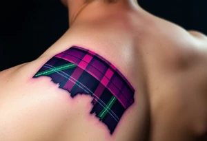 Dark Purple with green pink blue and white highlights tartan fabric on arm with skin ripping away at edges tattoo idea
