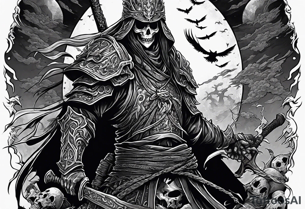 Undead Lich necromancer raising an army of the dead from the souls of dead samurai warriors on a battlefield tattoo idea