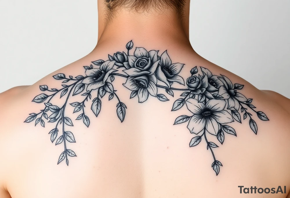 Orchard vines with roses and lilies tattoo idea