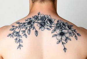 Orchard vines with roses and lilies tattoo idea